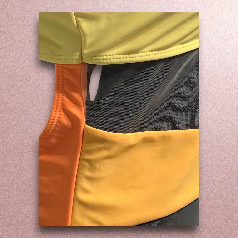 Colorblock One Shoulder Mesh‎ Cutout One Piece Swimsuit Yellow Orange High Leg L